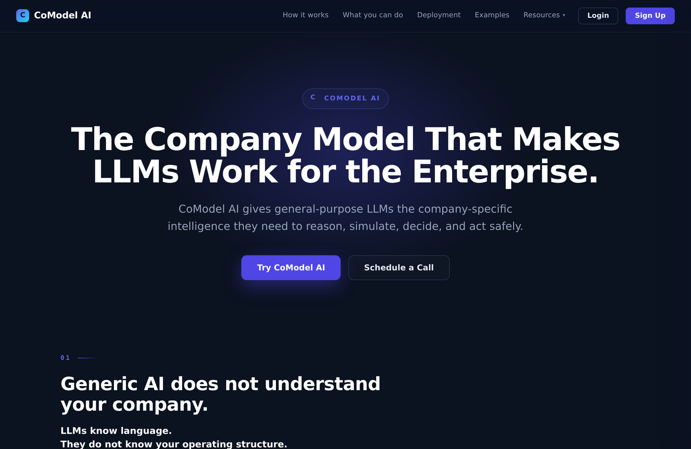 The CoModel AI landing page